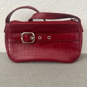Red Croc-Embossed Handbag with Buckle